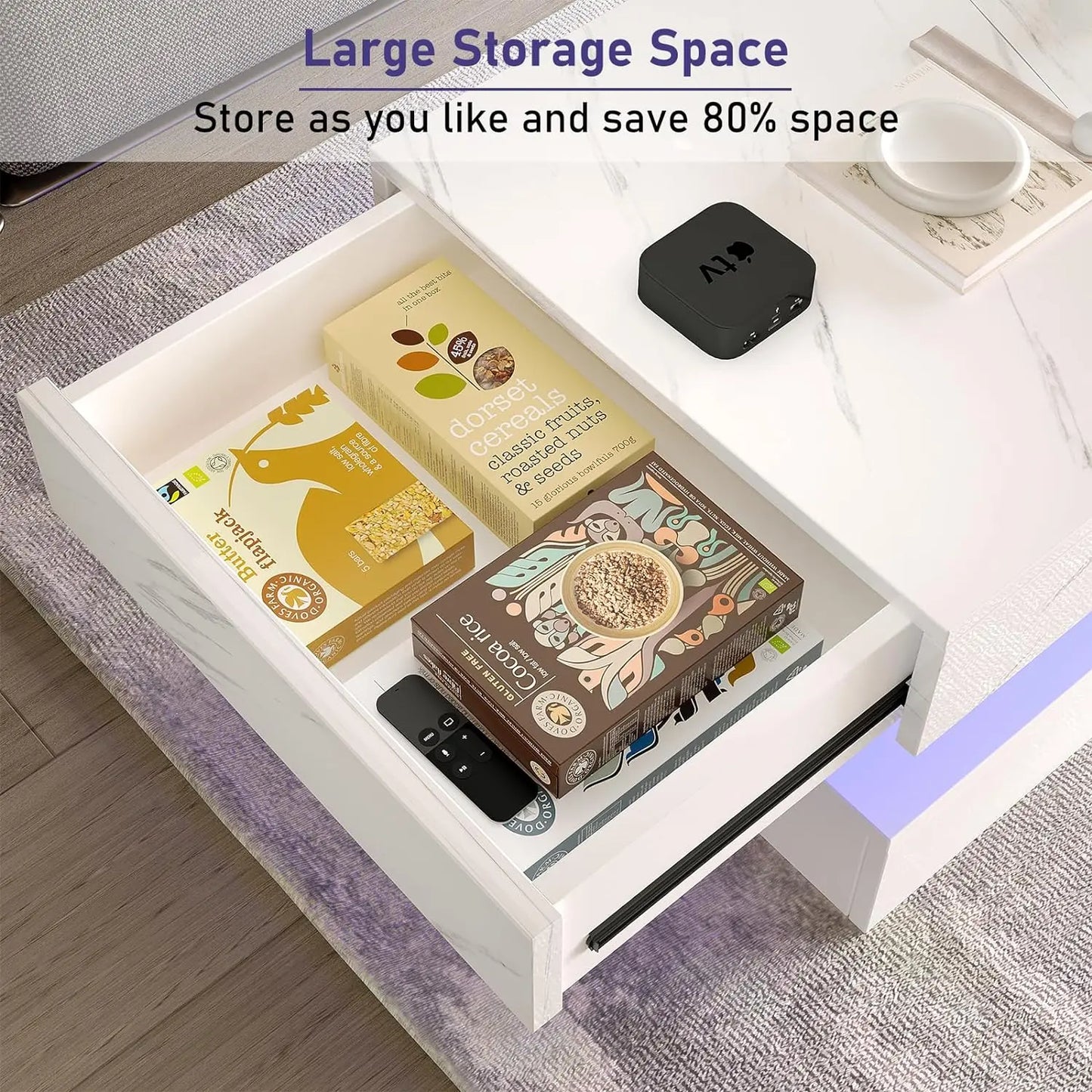 LED Coffee Table with 2 Storage Drawers, Modern High Gloss White Coffee Table LED Lights, 2 Tiers Rectangle Center Table for Living Room with Marbling Print