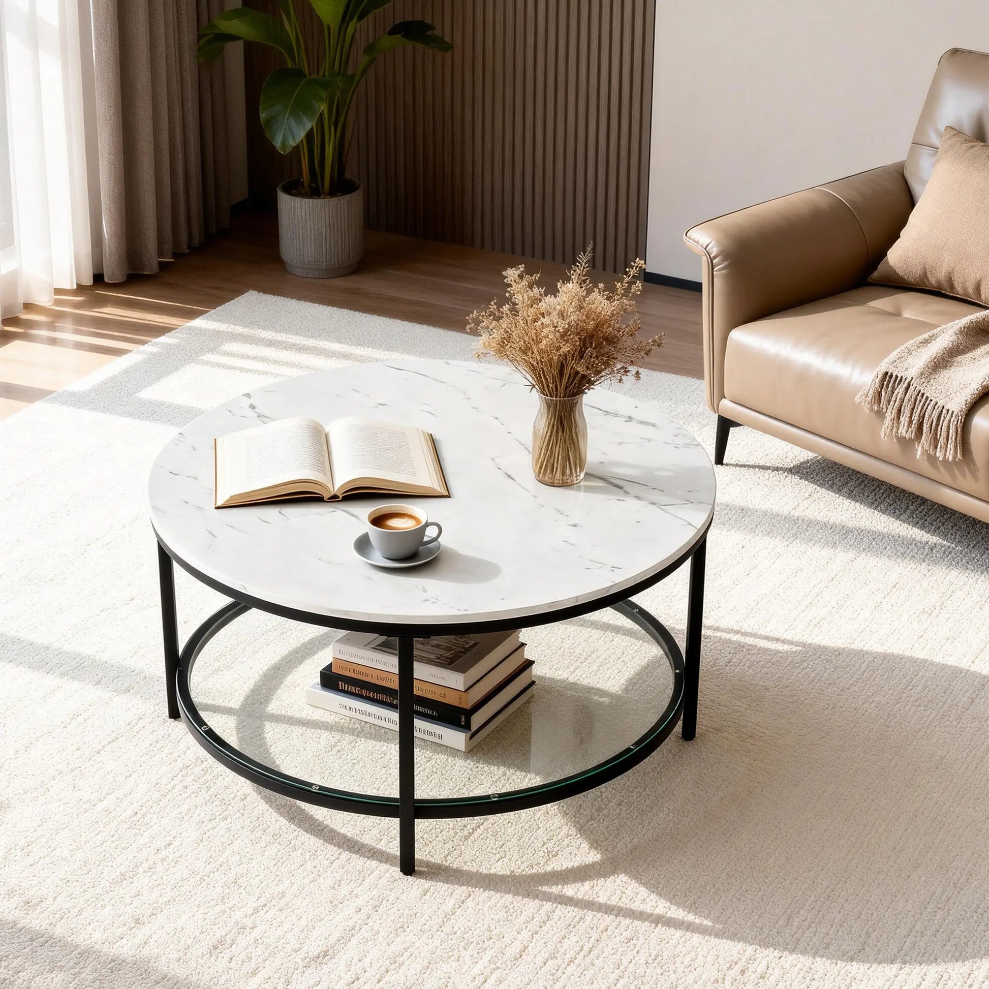 Marble round Coffee Table with Glass for Living Room, 2-Tier Circle Coffee Table with Storage Clear Coffee Table