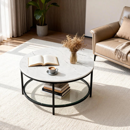 Marble round Coffee Table with Glass for Living Room, 2-Tier Circle Coffee Table with Storage Clear Coffee Table