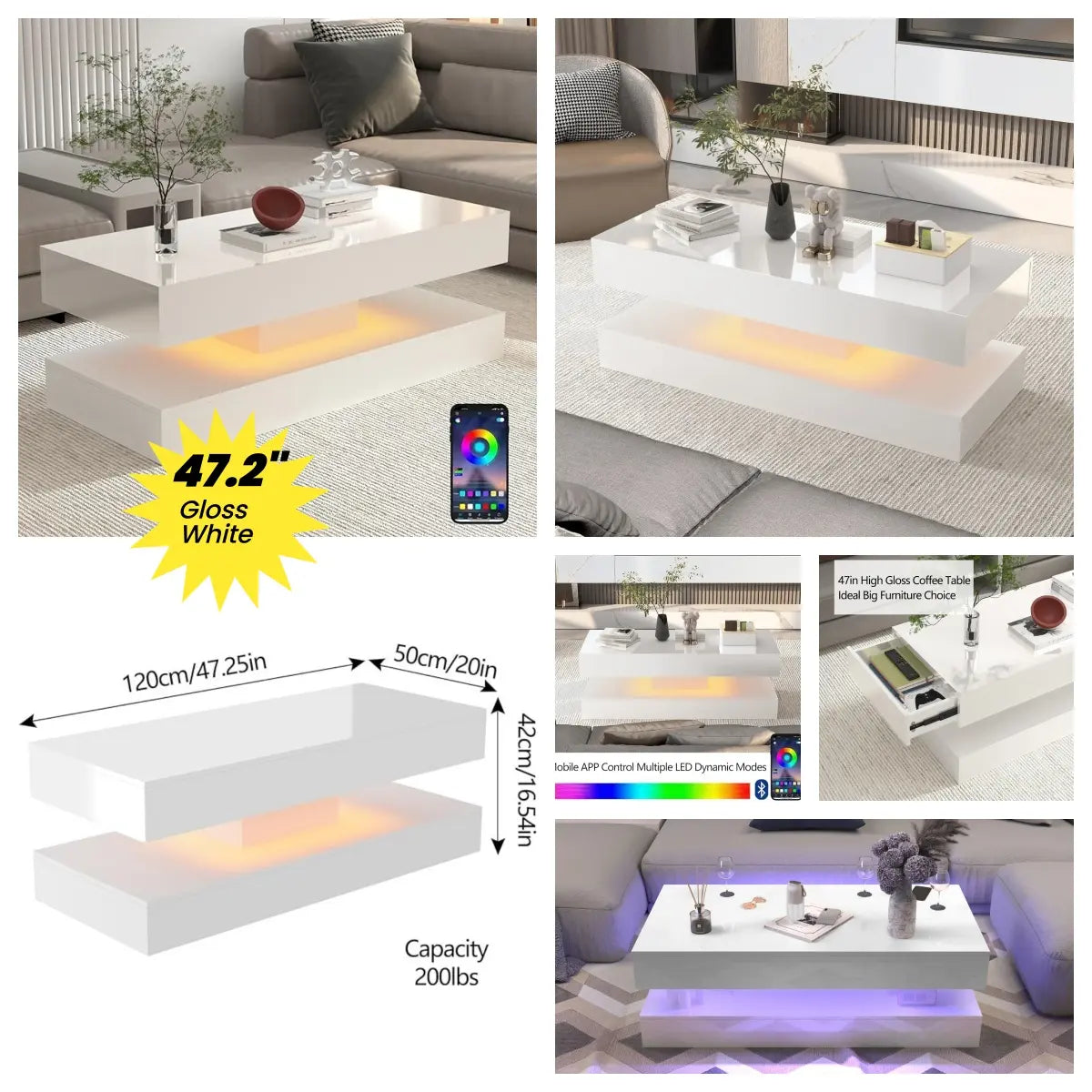 LED Coffee Table with 2 Storage Drawers, Modern High Gloss White Coffee Table LED Lights, 2 Tiers Rectangle Center Table for Living Room with Marbling Print