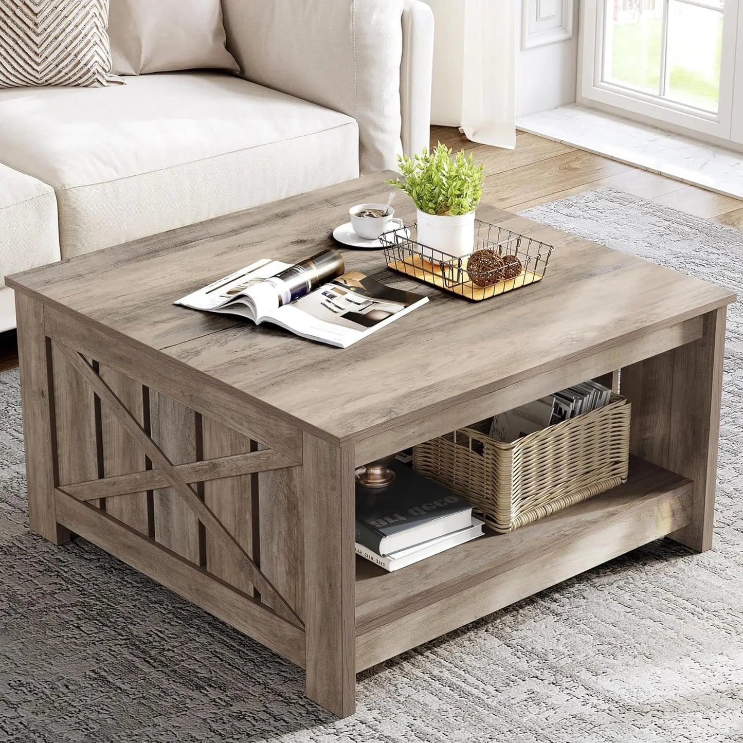 Yitahome Farmhouse Coffee Table with Storage, Square Wood Modern Rustic Coffee Table for Living Room,Grey Wash Coffee Tables,Coffee Table with Half Open Storage Compartment