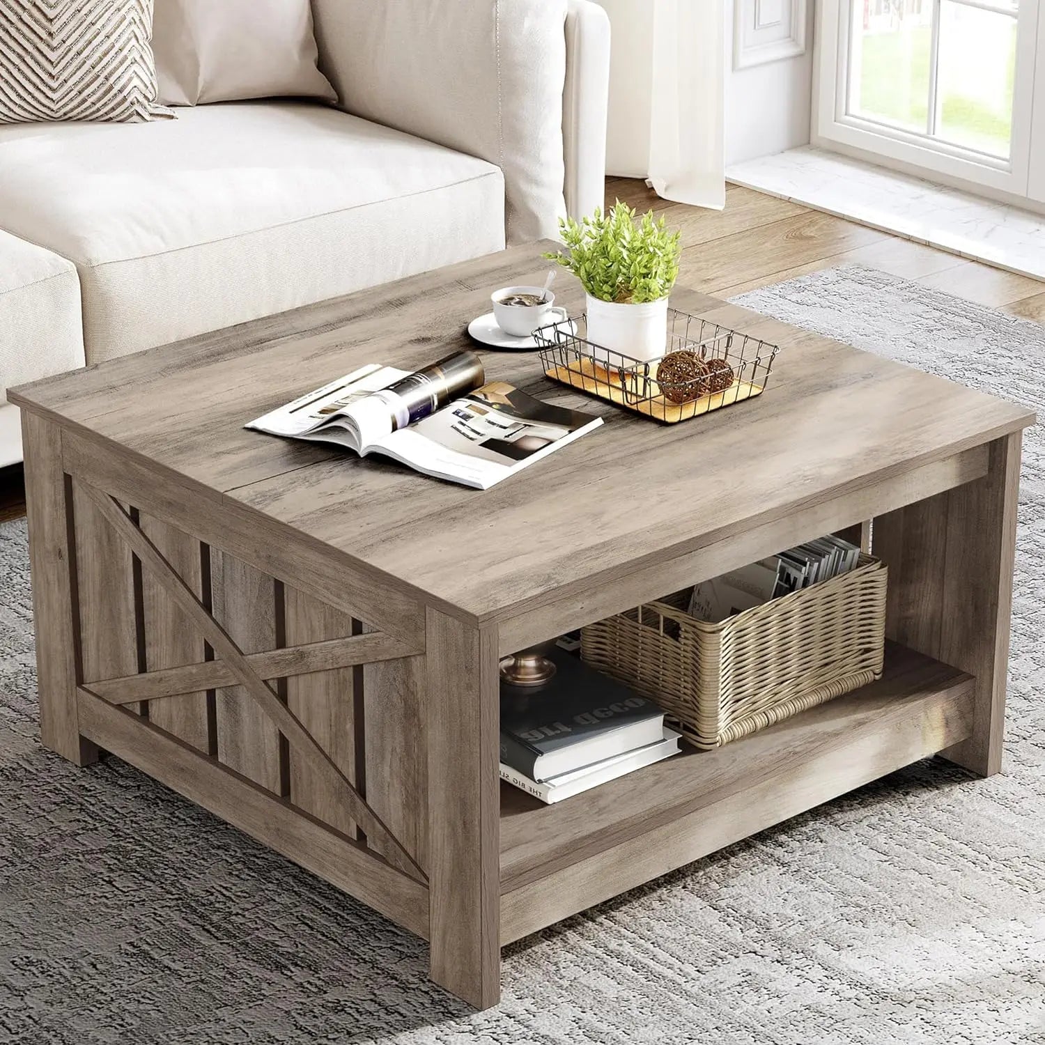 Yitahome Farmhouse Coffee Table with Storage, Square Wood Modern Rustic Coffee Table for Living Room,Grey Wash Coffee Tables,Coffee Table with Half Open Storage Compartment