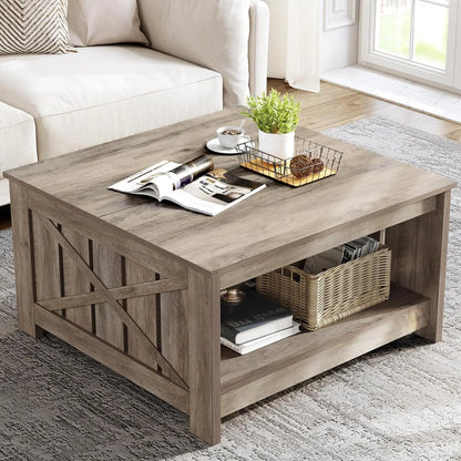 Yitahome Farmhouse Coffee Table with Storage, Square Wood Modern Rustic Coffee Table for Living Room,Grey Wash Coffee Tables,Coffee Table with Half Open Storage Compartment