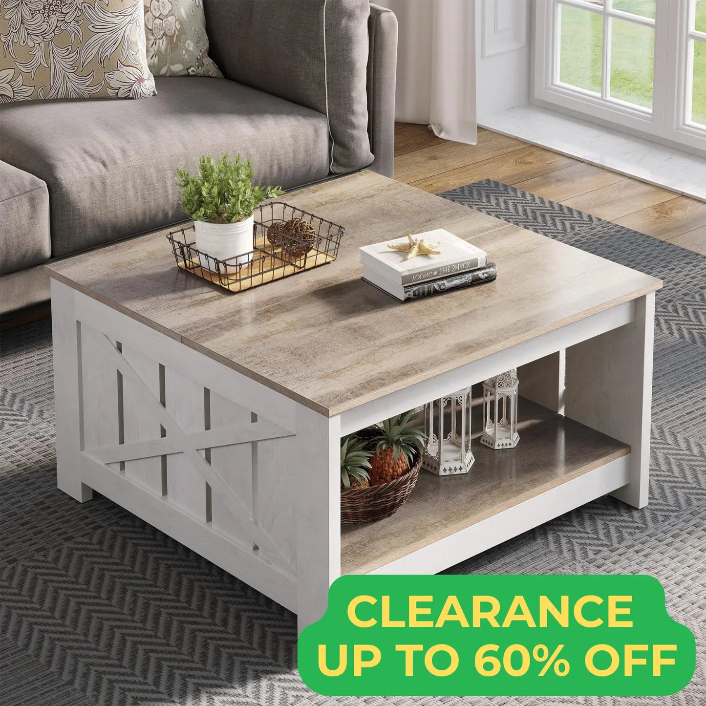 Yitahome Farmhouse Coffee Table with Storage, Square Wood Modern Rustic Coffee Table for Living Room,Grey Wash Coffee Tables,Coffee Table with Half Open Storage Compartment