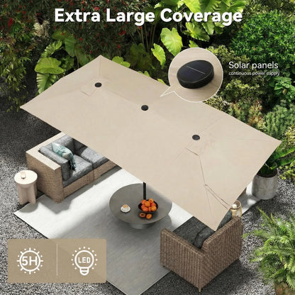 15 FT Large Patio Umbrella with Solar LED Light, Double Sided Rectangle Umbrella with Crank Handle for Patio, Backyard, Garden, Pool, without Base