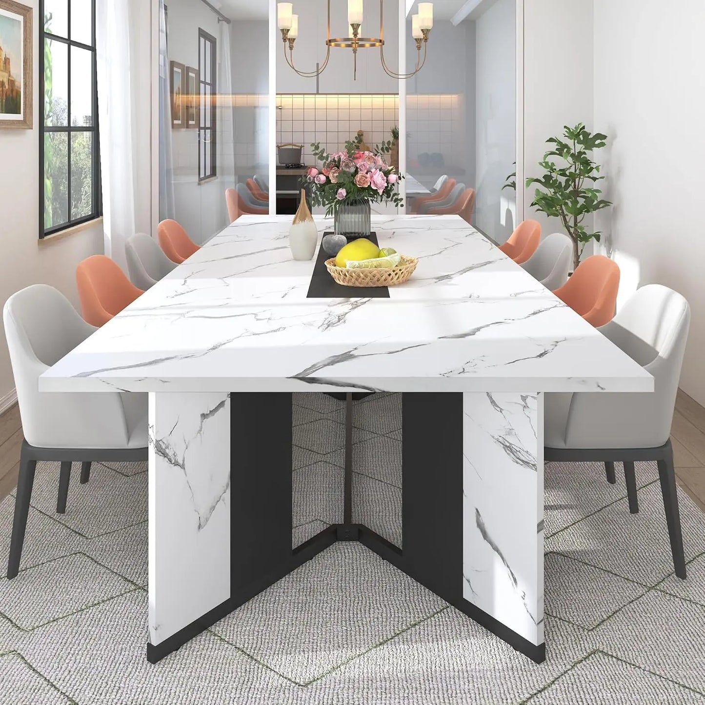 94In/78In/71In Large Rectangular Brown Dining Table for 4 5 6 7 8 People W/35 Marble-Color Wood Watrproof Tabletop,Adjustable Leg.6Ft Luxurious Family Dinner Table for Office Kitchen Living Room (Not Included Chair)