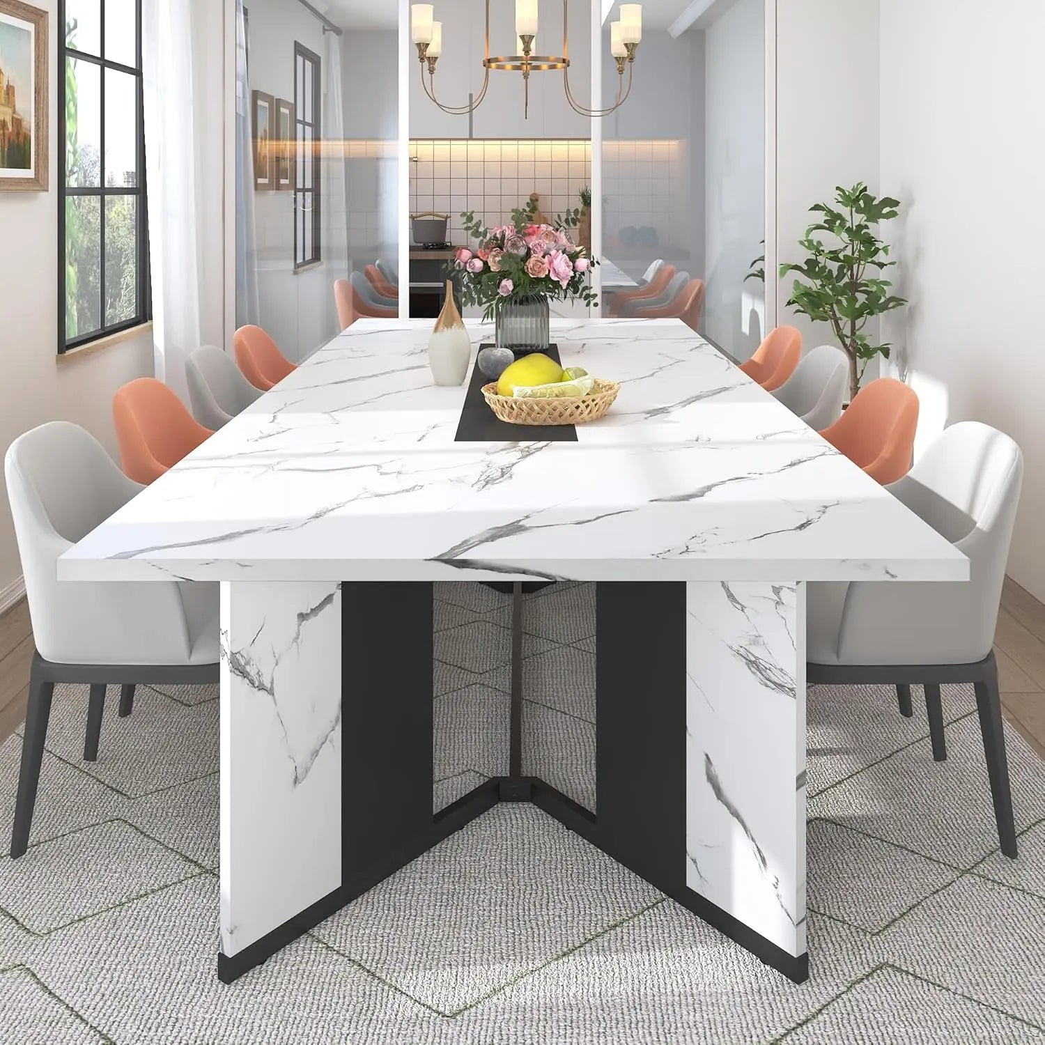 94In/78In/71In Large Rectangular Brown Dining Table for 4 5 6 7 8 People W/35 Marble-Color Wood Watrproof Tabletop,Adjustable Leg.6Ft Luxurious Family Dinner Table for Office Kitchen Living Room (Not Included Chair)