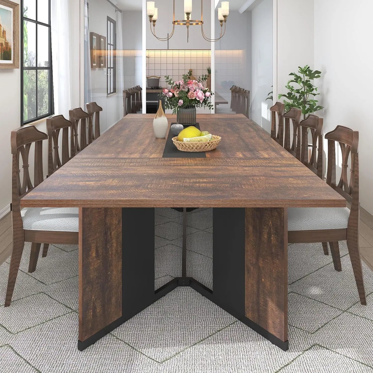 94In/78In/71In Large Rectangular Brown Dining Table for 4 5 6 7 8 People W/35 Marble-Color Wood Watrproof Tabletop,Adjustable Leg.6Ft Luxurious Family Dinner Table for Office Kitchen Living Room (Not Included Chair)