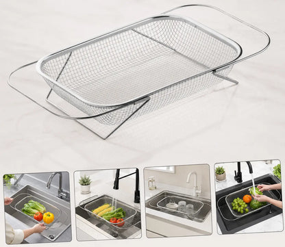 Stainless Steel Over-The-Sink Colander Strainer Basket, Expandable Rectangle Fine Mesh Kitchen Utensils with Handles, Silver Kitchen Essential