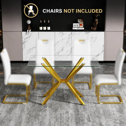 51.18 Inch Rectangular Glass Dining Table for 4-6,Modern Kitchen Table with Golden Metal Legs & Adjustable Feets,Easy Assembly Dinner Table Support 320 Lbs,Dining Table Set of 4,Stylish Durable Design for Dining Room,Apartment Furniture （Only Table）