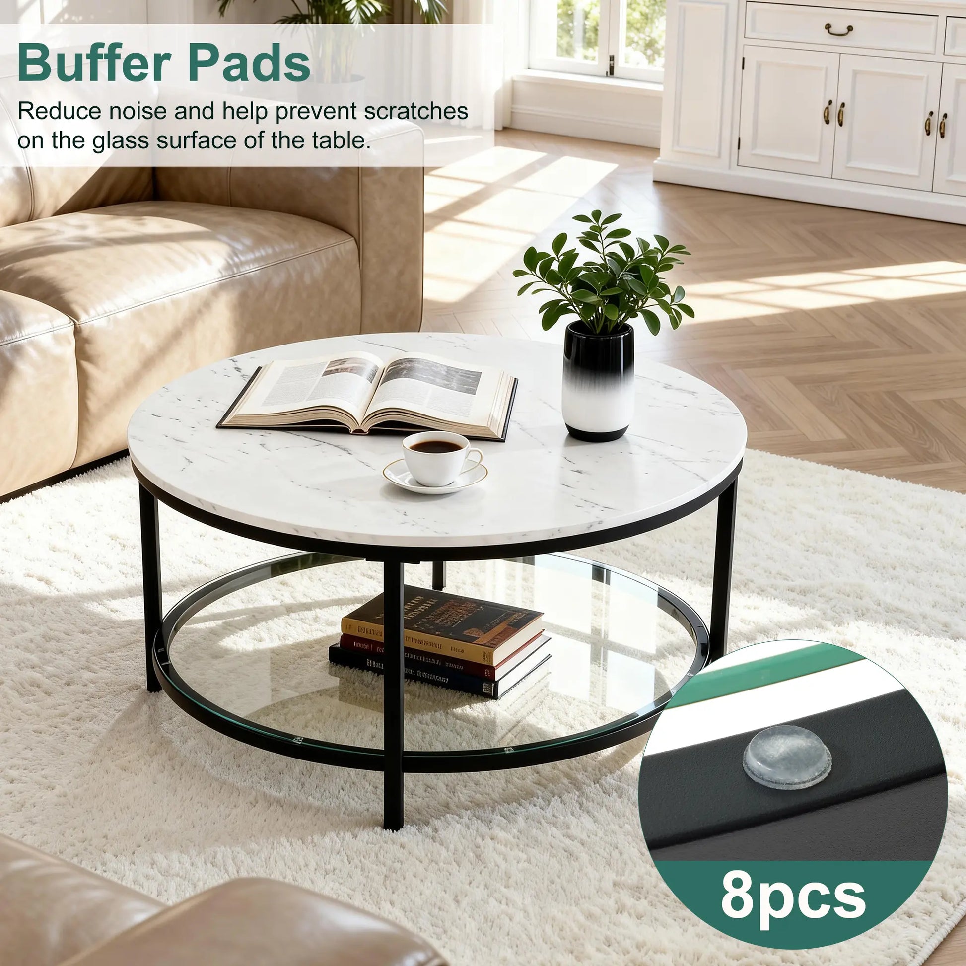 Marble round Coffee Table with Glass for Living Room, 2-Tier Circle Coffee Table with Storage Clear Coffee Table
