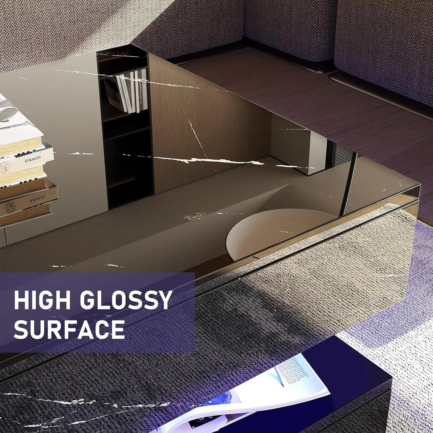 LED Coffee Table with 2 Storage Drawers, Modern High Gloss White Coffee Table LED Lights, 2 Tiers Rectangle Center Table for Living Room with Marbling Print