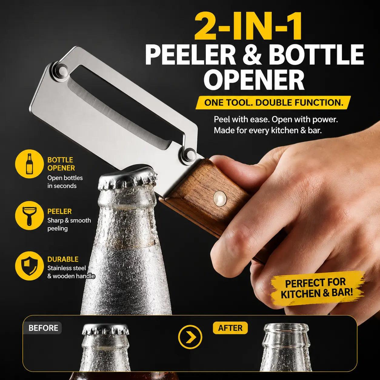 2 PCS Wood Handle Multifunction Kitchen Peeler – Peel, Slice, Scrape & Bottle Opener Tool