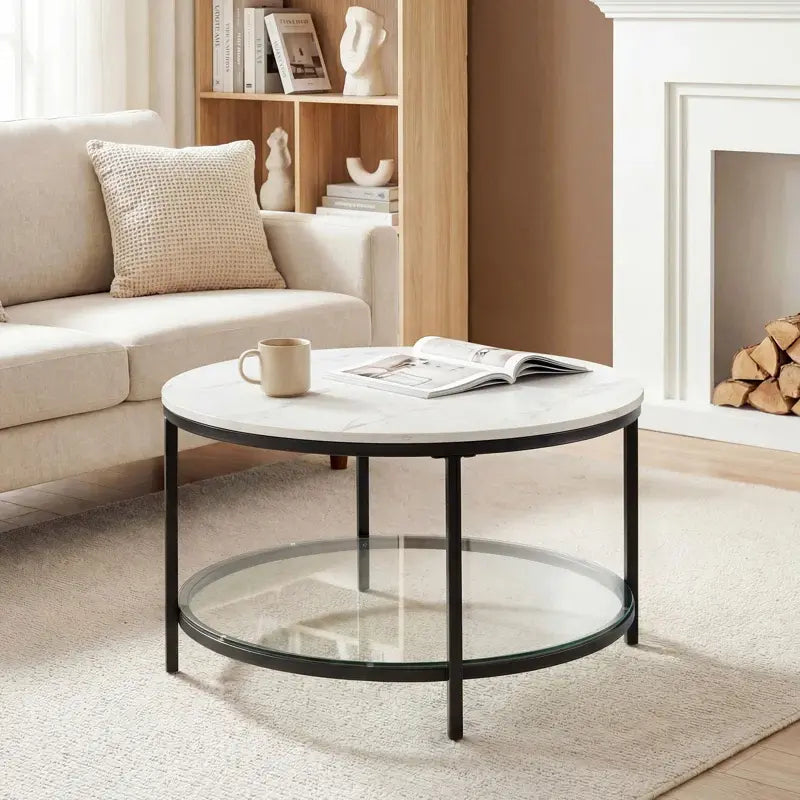 Marble round Coffee Table with Glass for Living Room, 2-Tier Circle Coffee Table with Storage Clear Coffee Table