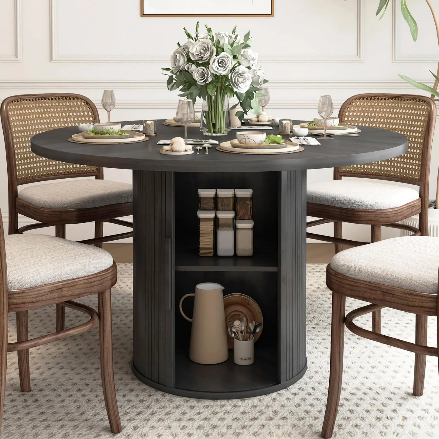 Giratree 47 Inch round Dining Table for 4, Kitchen Table Dinner Table with 2-Layer Storage Shelf and Wood Slide Door for Home Dining Room Living Room