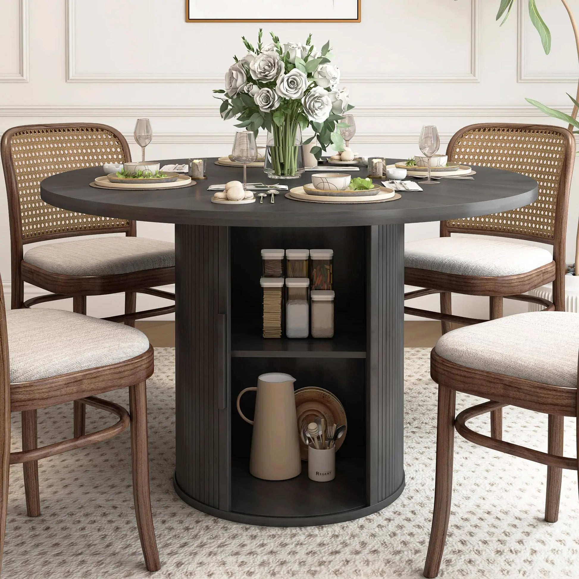 Giratree 47 Inch round Dining Table for 4, Kitchen Table Dinner Table with 2-Layer Storage Shelf and Wood Slide Door for Home Dining Room Living Room