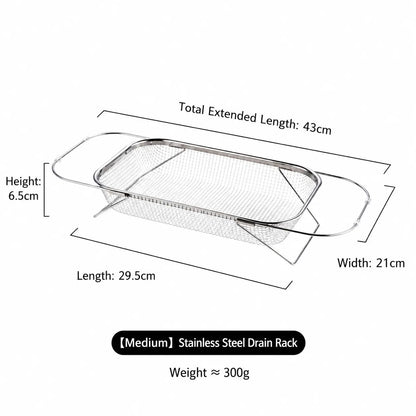 Stainless Steel Over-The-Sink Colander Strainer Basket, Expandable Rectangle Fine Mesh Kitchen Utensils with Handles, Silver Kitchen Essential