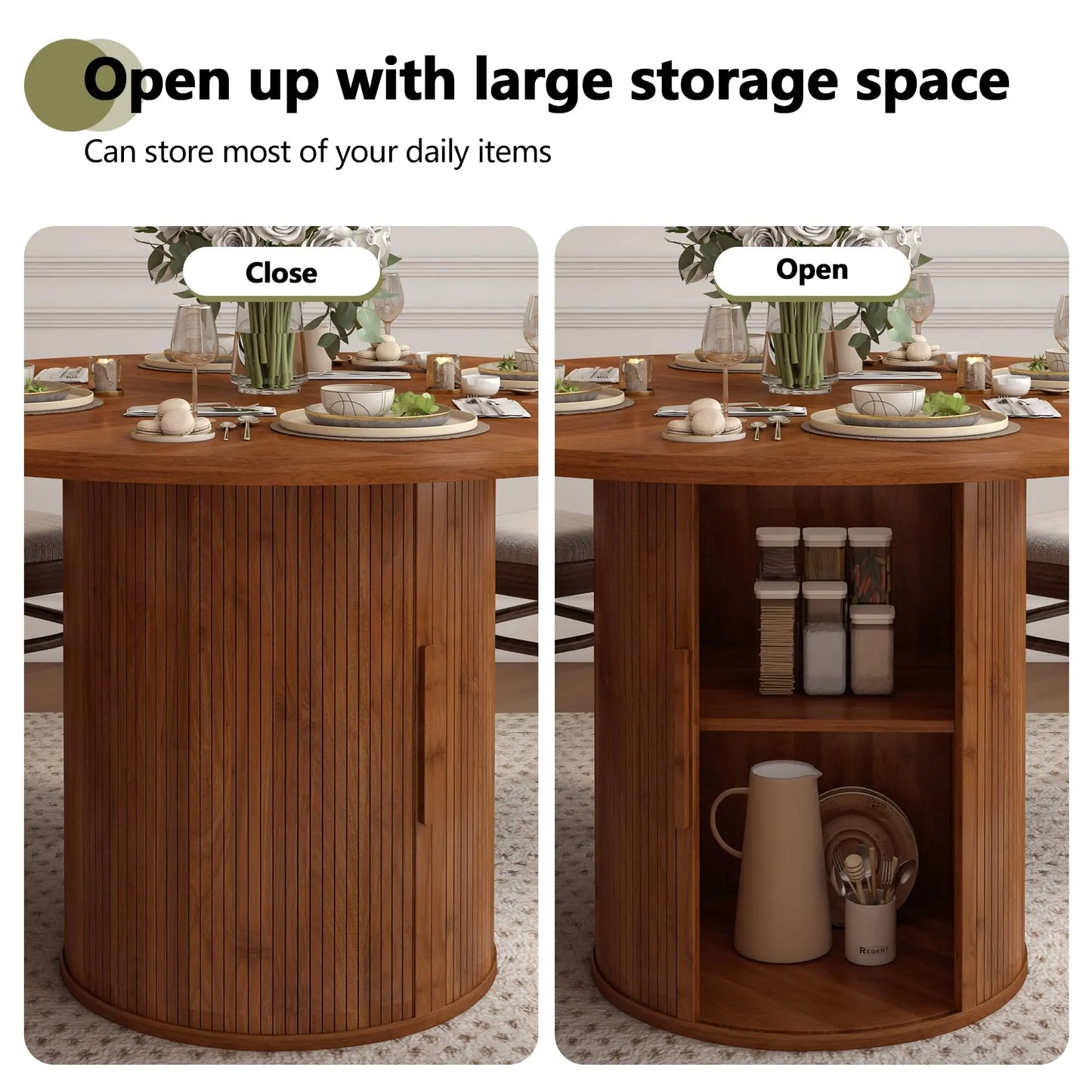 Giratree 47 Inch round Dining Table for 4, Kitchen Table Dinner Table with 2-Layer Storage Shelf and Wood Slide Door for Home Dining Room Living Room