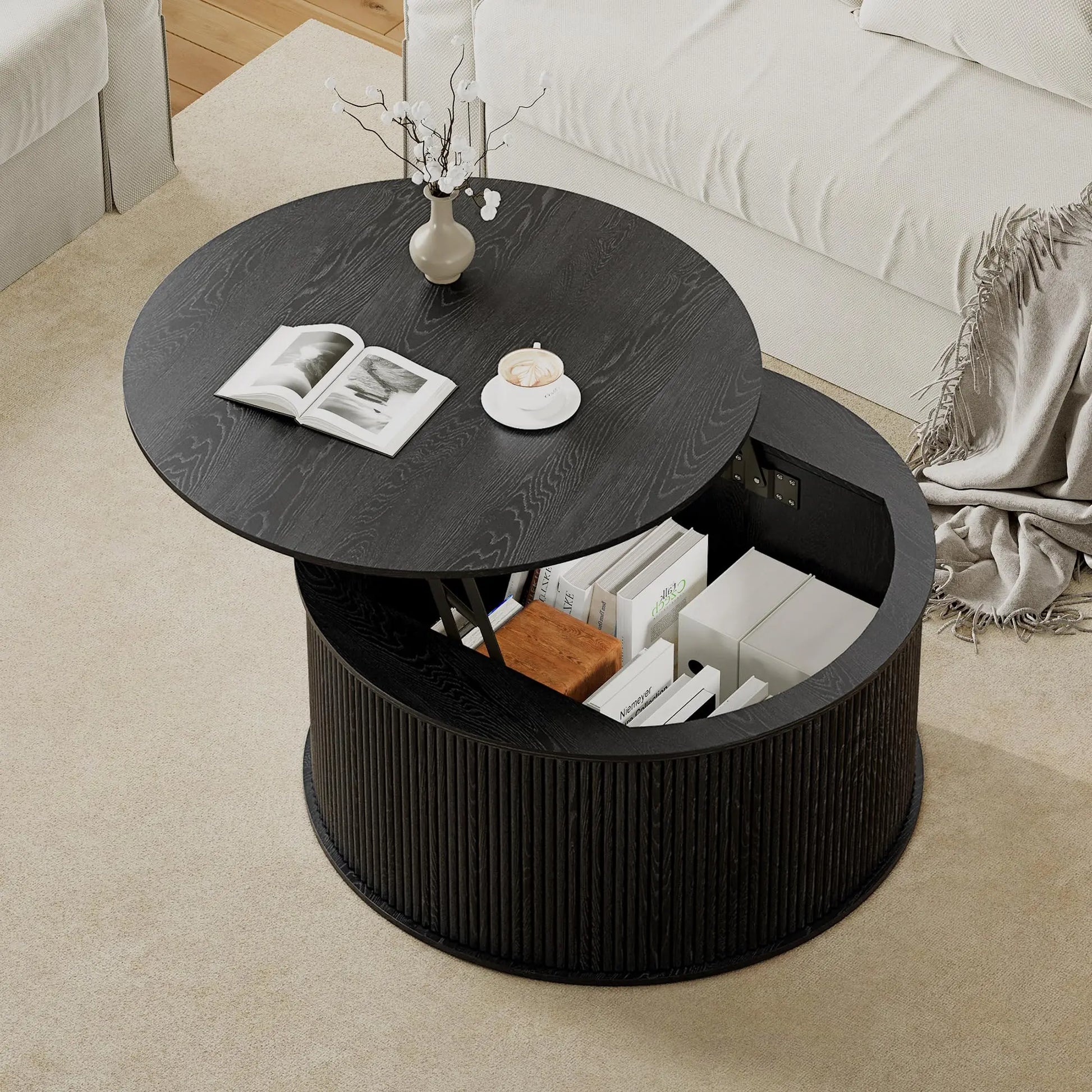 Giratree 31.58" round Coffee Table, Lift Top Coffee Table with Storage, Farmhouse Fluted Center Table Circle Dining Table for Living Room, Reception Room, Home Office