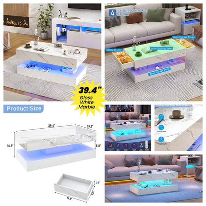LED Coffee Table with 2 Storage Drawers, Modern High Gloss White Coffee Table LED Lights, 2 Tiers Rectangle Center Table for Living Room with Marbling Print