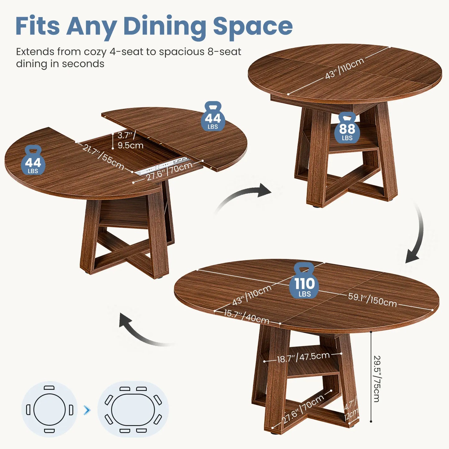 Extendable round Dining Table for 4-6, Modern Kitchen Oval Dinner Table with Storage Shelf, Wood Pedestal Table, Space Saving Modern Style