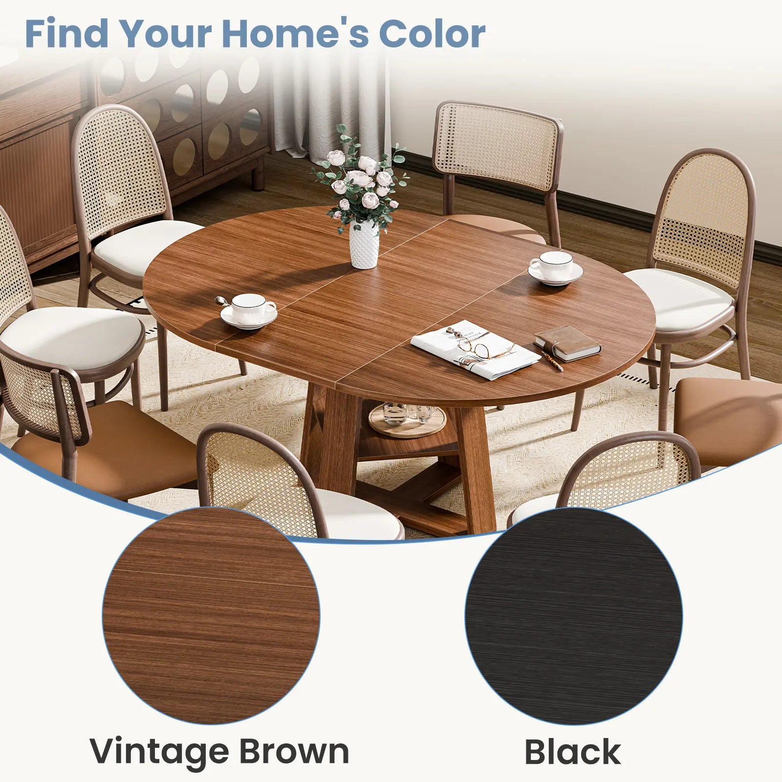 Extendable round Dining Table for 4-6, Modern Kitchen Oval Dinner Table with Storage Shelf, Wood Pedestal Table, Space Saving Modern Style