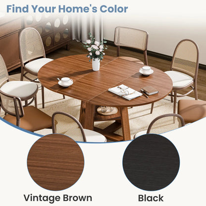 Extendable round Dining Table for 4-6, Modern Kitchen Oval Dinner Table with Storage Shelf, Wood Pedestal Table, Space Saving Modern Style