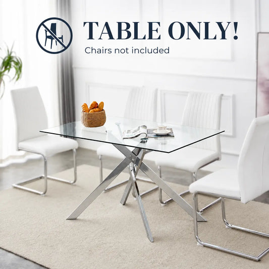 51.18 Inch Rectangular Glass Dining Table for 4-6,Modern Kitchen Table with Golden Metal Legs & Adjustable Feets,Easy Assembly Dinner Table Support 320 Lbs,Dining Table Set of 4,Stylish Durable Design for Dining Room,Apartment Furniture （Only Table）