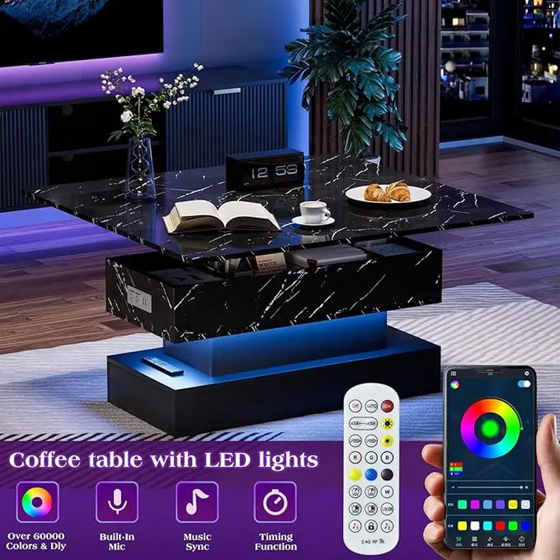 LED Lift Top Coffee Table with Charging Station, Modern High Glossy Coffee Table with LED Light, 3 in 1 Multifunctional Coffee Table with Storage & Hidden Compartments for Living Room,Furniture Marble Tabletop Adjustable Coffee Table