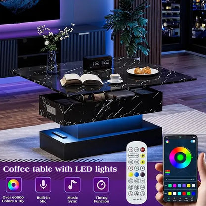 LED Lift Top Coffee Table with Charging Station, Modern High Glossy Coffee Table with LED Light, 3 in 1 Multifunctional Coffee Table with Storage & Hidden Compartments for Living Room,Furniture Marble Tabletop Adjustable Coffee Table