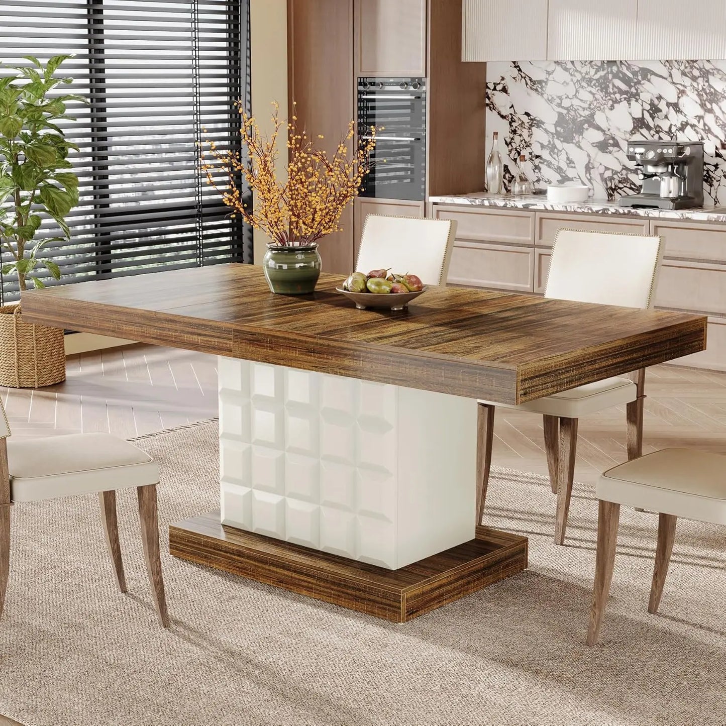 LITTLE TREE 63'' Dining Table for 4-6, Farmhouse Wooden Rectangular Dinner Table with Geometric Relief, Pedestal Base