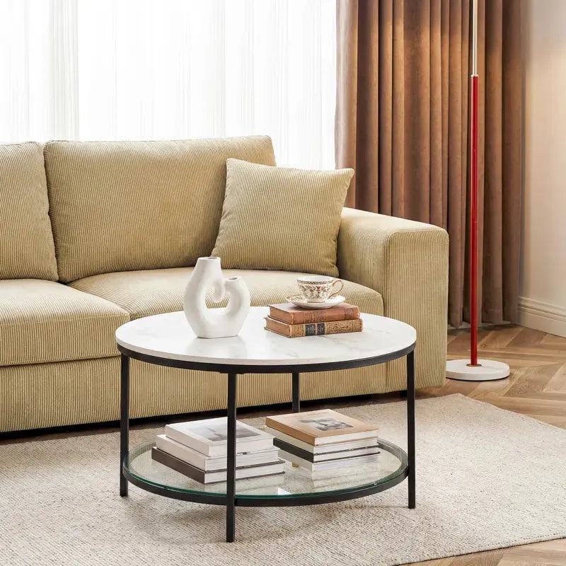 Marble round Coffee Table with Glass for Living Room, 2-Tier Circle Coffee Table with Storage Clear Coffee Table