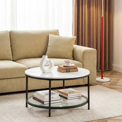 Marble round Coffee Table with Glass for Living Room, 2-Tier Circle Coffee Table with Storage Clear Coffee Table