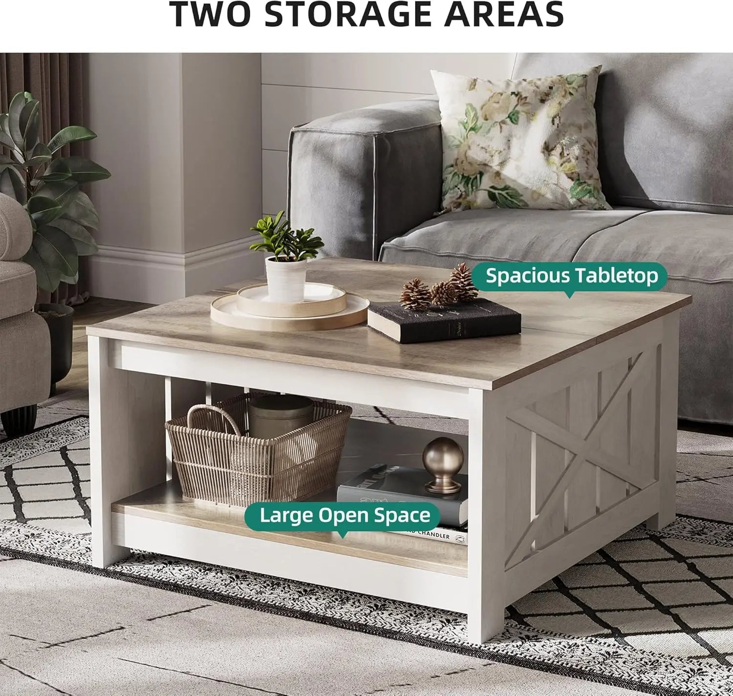 Yitahome Farmhouse Coffee Table with Storage, Square Wood Modern Rustic Coffee Table for Living Room,Grey Wash Coffee Tables,Coffee Table with Half Open Storage Compartment