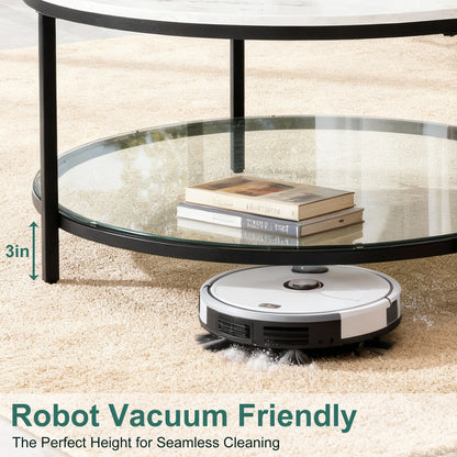 Marble round Coffee Table with Glass for Living Room, 2-Tier Circle Coffee Table with Storage Clear Coffee Table