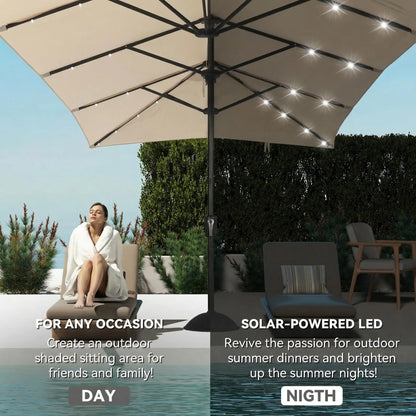 15 FT Large Patio Umbrella with Solar LED Light, Double Sided Rectangle Umbrella with Crank Handle for Patio, Backyard, Garden, Pool, without Base