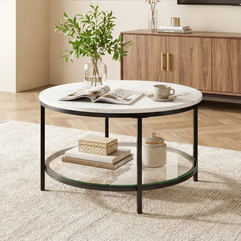 Marble round Coffee Table with Glass for Living Room, 2-Tier Circle Coffee Table with Storage Clear Coffee Table