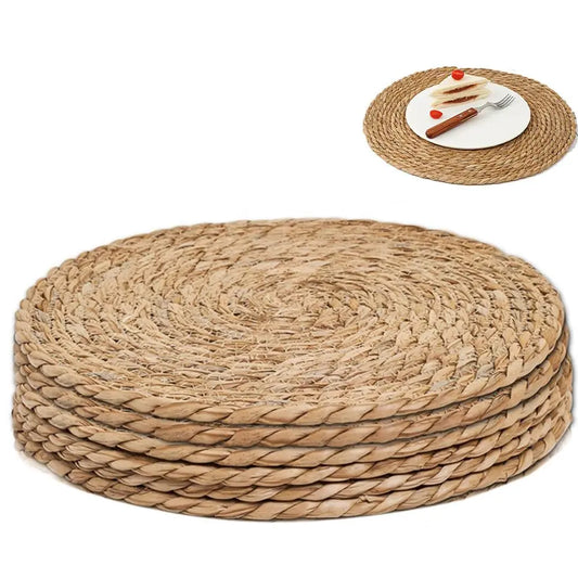 Round Rattan Placemat, 6 Counts Boho Style Woven Placemat, Heat Resistant Weave Placemat, Wicker Table Mat for Dining Table, Home Kitchen Dinner Room, Wedding Decor