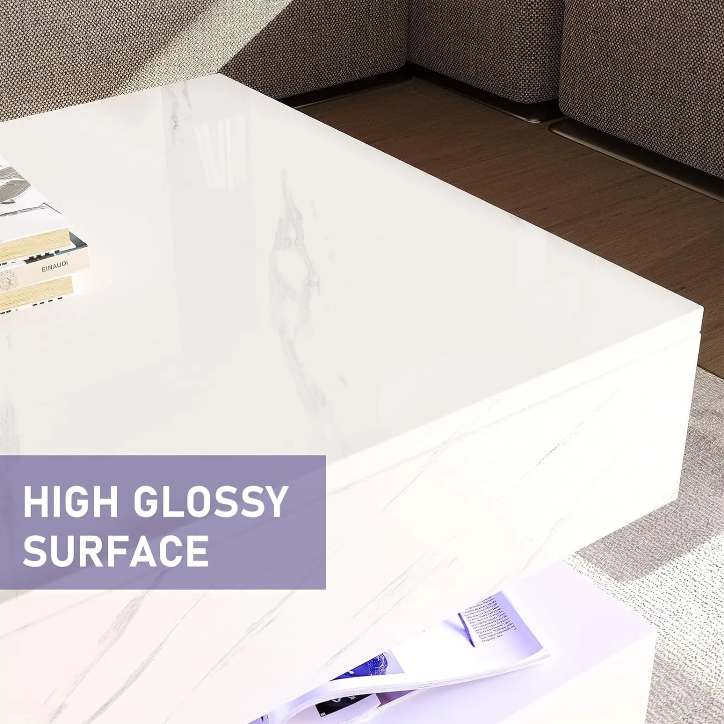LED Coffee Table with 2 Storage Drawers, Modern High Gloss White Coffee Table LED Lights, 2 Tiers Rectangle Center Table for Living Room with Marbling Print