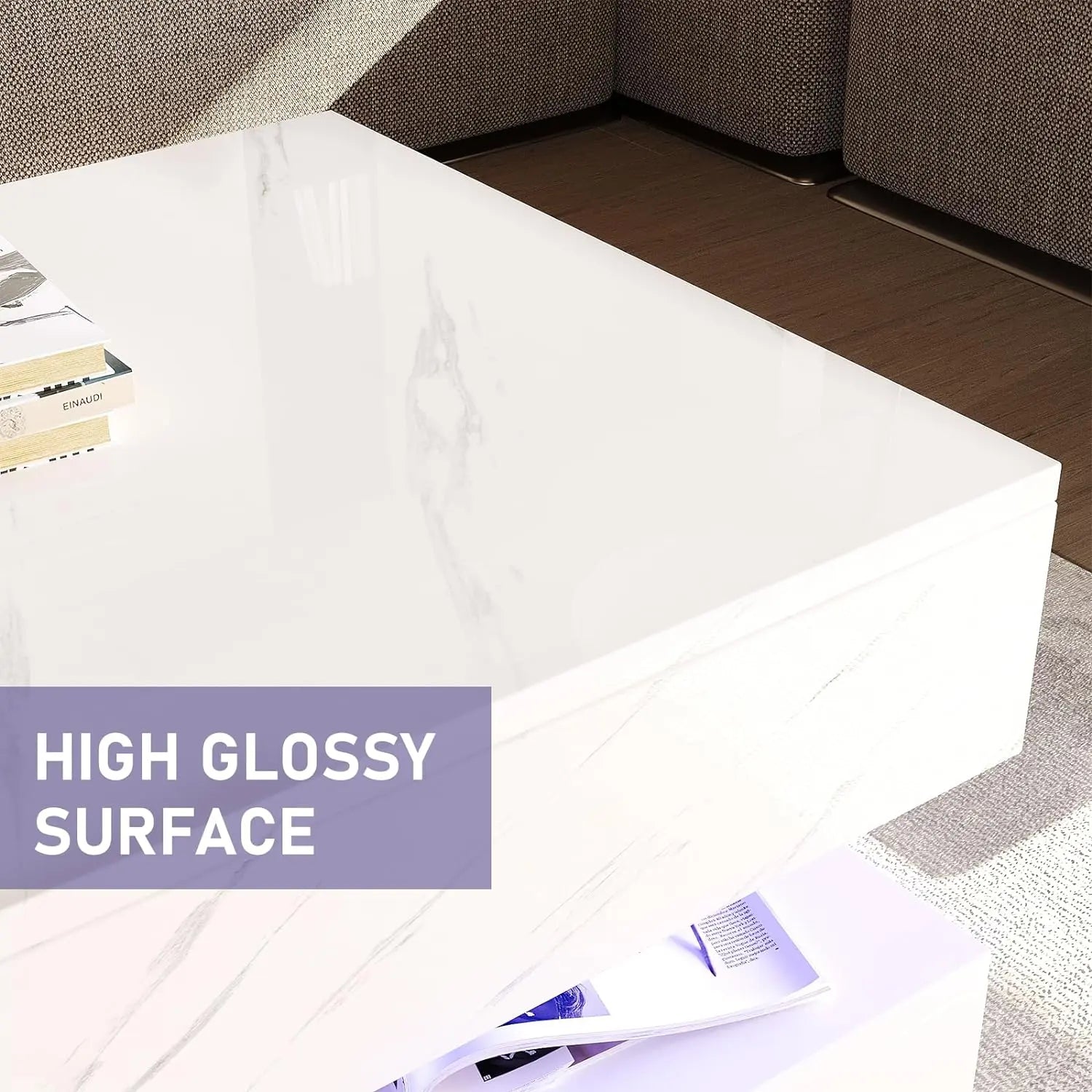 LED Coffee Table with 2 Storage Drawers, Modern High Gloss White Coffee Table LED Lights, 2 Tiers Rectangle Center Table for Living Room with Marbling Print