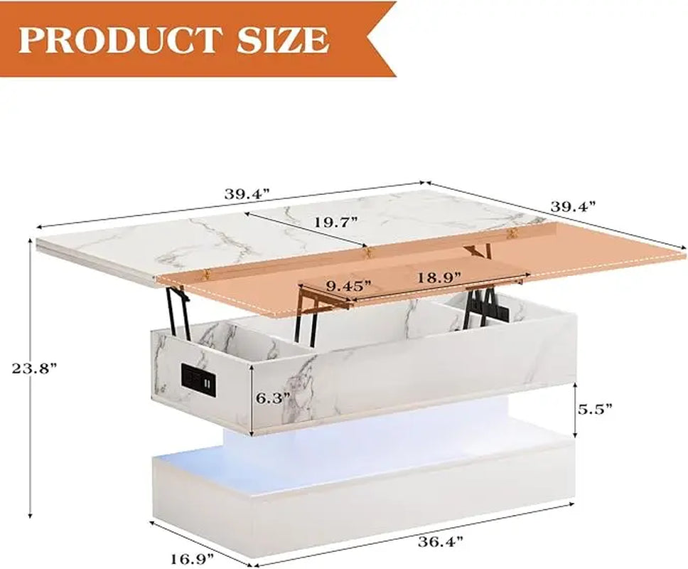 LED Lift Top Coffee Table with Charging Station, Modern High Glossy Coffee Table with LED Light, 3 in 1 Multifunctional Coffee Table with Storage & Hidden Compartments for Living Room,Furniture Marble Tabletop Adjustable Coffee Table