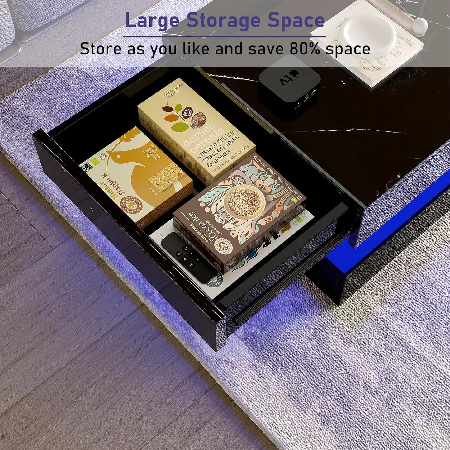 LED Coffee Table with 2 Storage Drawers, Modern High Gloss White Coffee Table LED Lights, 2 Tiers Rectangle Center Table for Living Room with Marbling Print