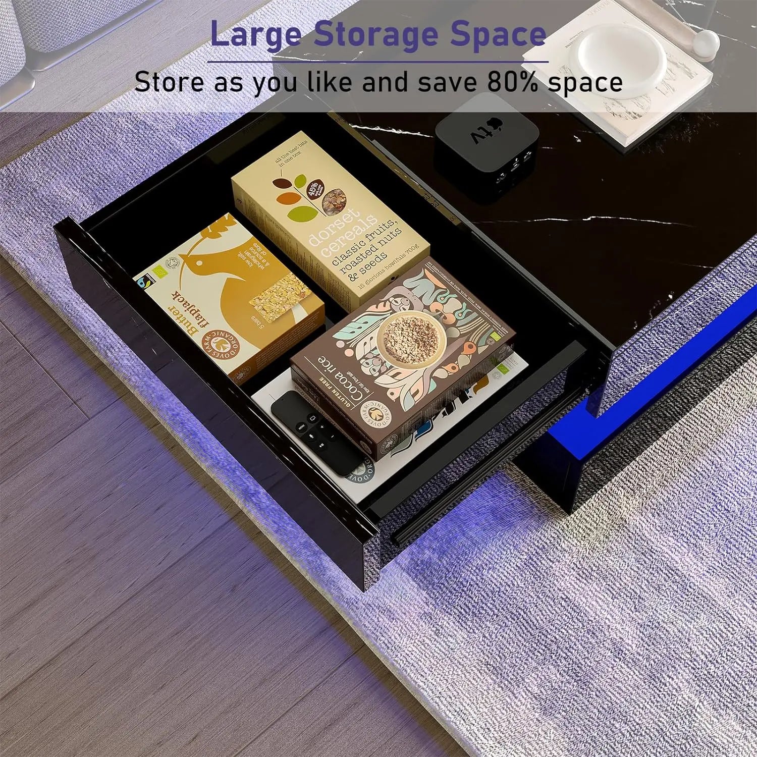 LED Coffee Table with 2 Storage Drawers, Modern High Gloss White Coffee Table LED Lights, 2 Tiers Rectangle Center Table for Living Room with Marbling Print