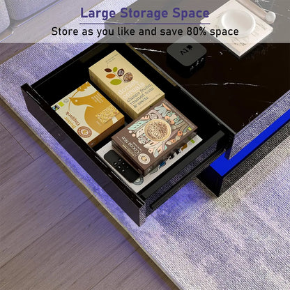 LED Coffee Table with 2 Storage Drawers, Modern High Gloss White Coffee Table LED Lights, 2 Tiers Rectangle Center Table for Living Room with Marbling Print