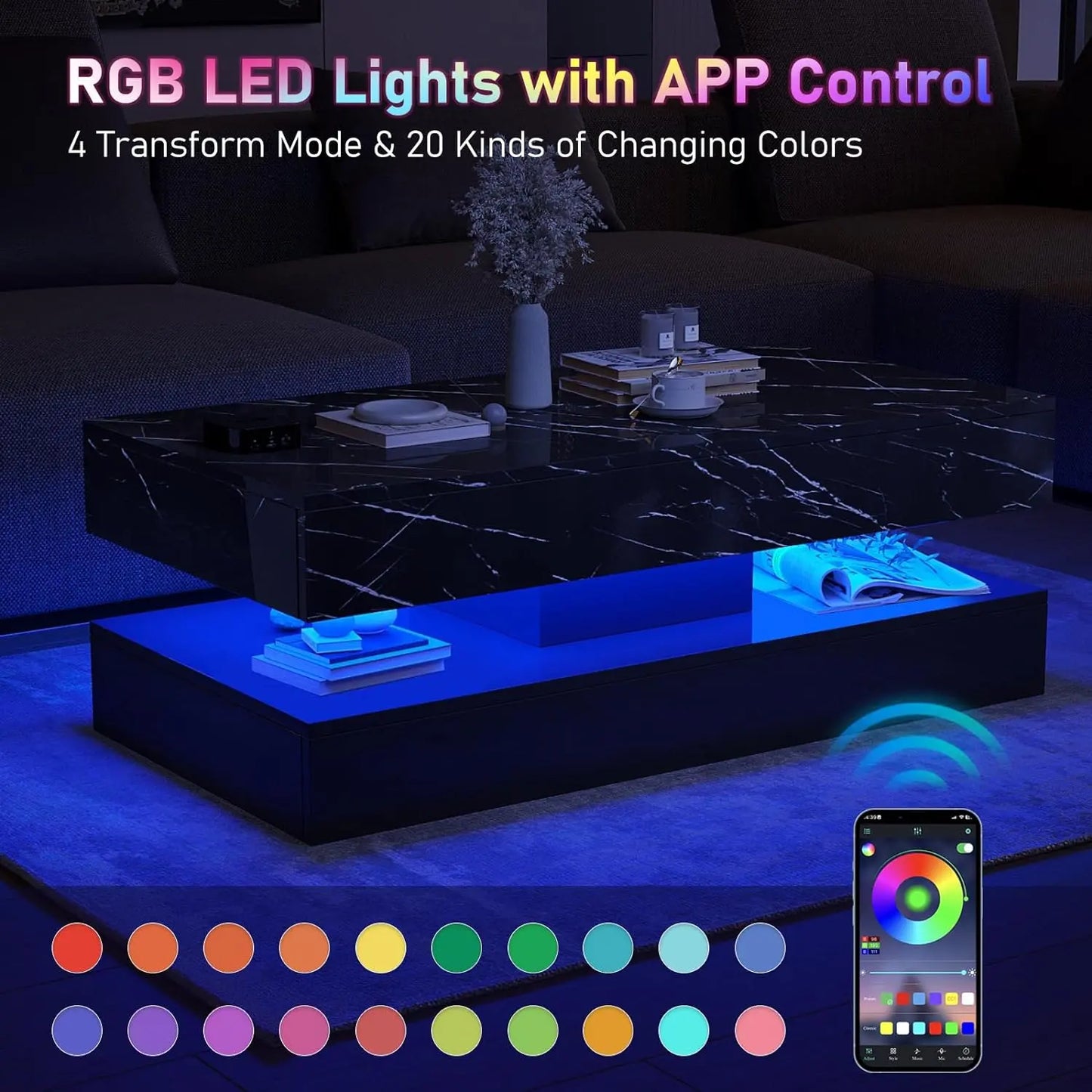 LED Coffee Table with 2 Storage Drawers, Modern High Gloss White Coffee Table LED Lights, 2 Tiers Rectangle Center Table for Living Room with Marbling Print