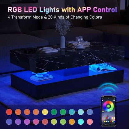 LED Coffee Table with 2 Storage Drawers, Modern High Gloss White Coffee Table LED Lights, 2 Tiers Rectangle Center Table for Living Room with Marbling Print