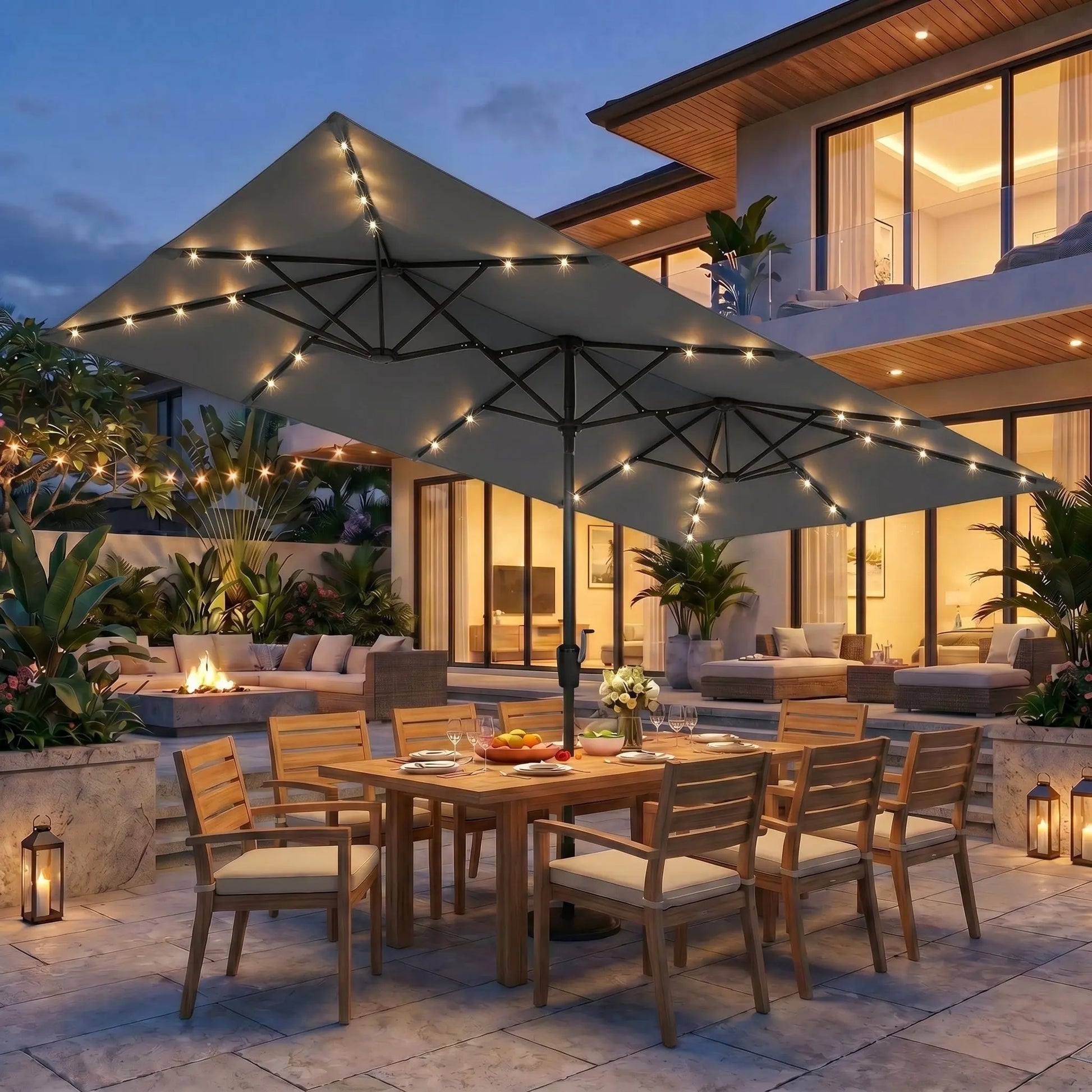 15 FT Large Patio Umbrella with Solar LED Light, Double Sided Rectangle Umbrella with Crank Handle for Patio, Backyard, Garden, Pool, without Base