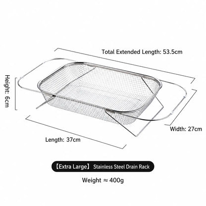 Stainless Steel Over-The-Sink Colander Strainer Basket, Expandable Rectangle Fine Mesh Kitchen Utensils with Handles, Silver Kitchen Essential