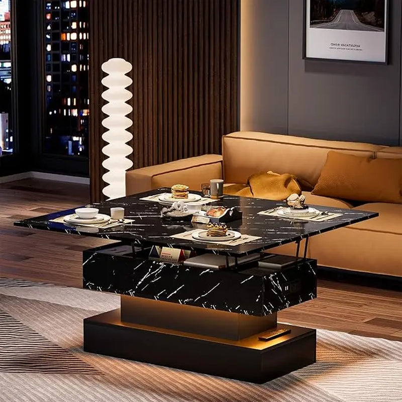 LED Lift Top Coffee Table with Charging Station, Modern High Glossy Coffee Table with LED Light, 3 in 1 Multifunctional Coffee Table with Storage & Hidden Compartments for Living Room,Furniture Marble Tabletop Adjustable Coffee Table