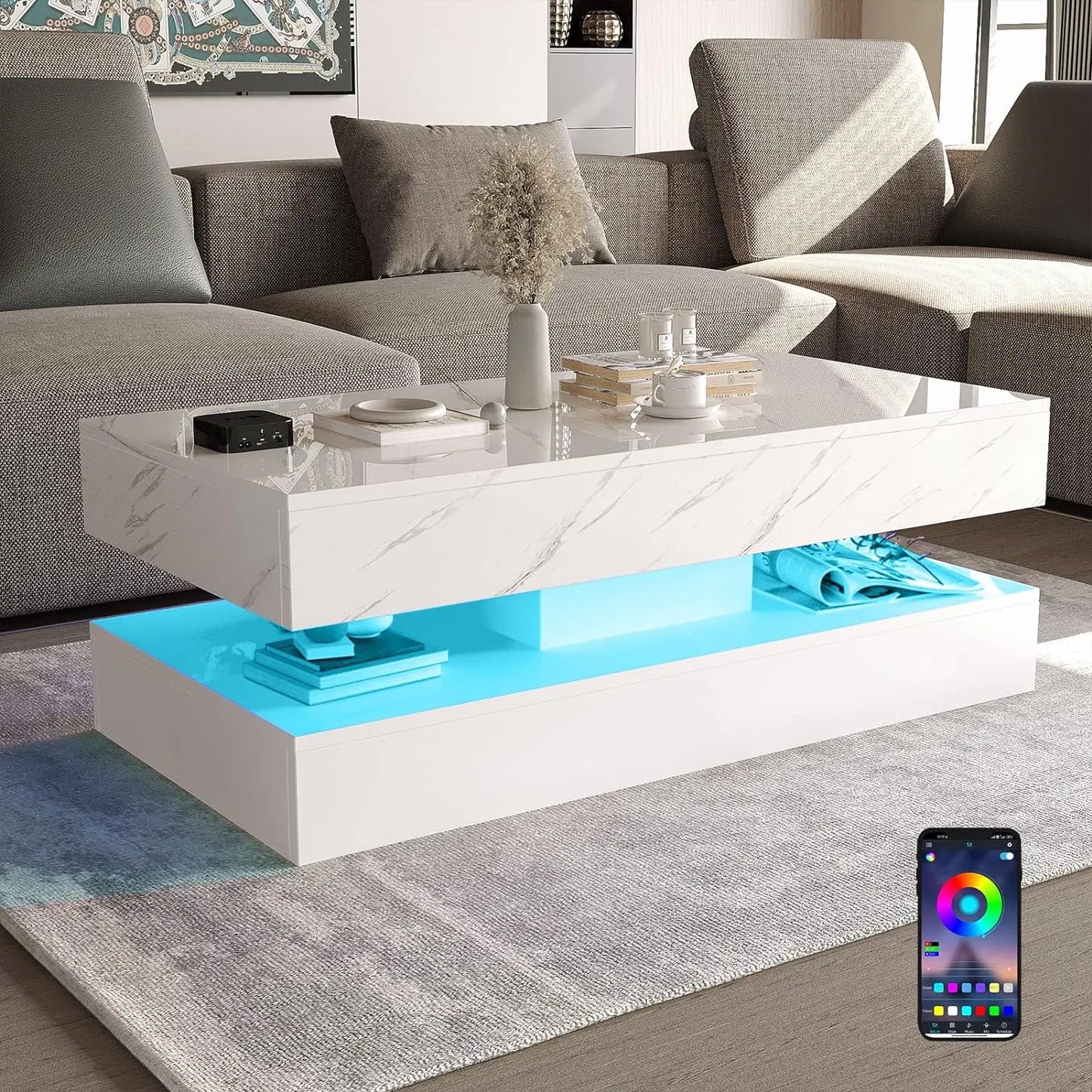 LED Coffee Table with 2 Storage Drawers, Modern High Gloss White Coffee Table LED Lights, 2 Tiers Rectangle Center Table for Living Room with Marbling Print
